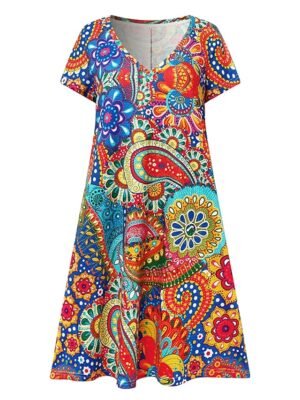 Classic Regular Fit Floral Paisley V Neck Short Sleeve Mini Dress - Image 5