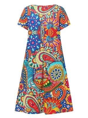 Classic Regular Fit Floral Paisley V Neck Short Sleeve Mini Dress - Image 6
