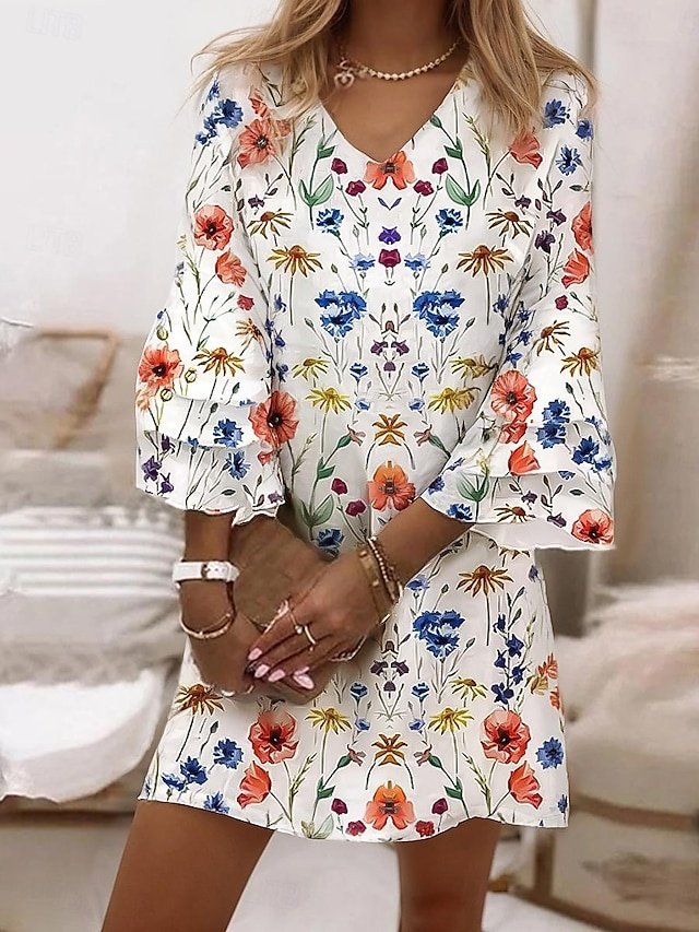Classic Regular Fit Floral V Neck 3/4 Flared Sleeve Mini Sundress - Image 2