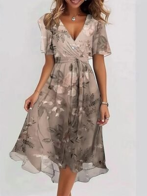 Classic Regular Fit Floral V Neck Short Sleeve Midi Dress - Image 11