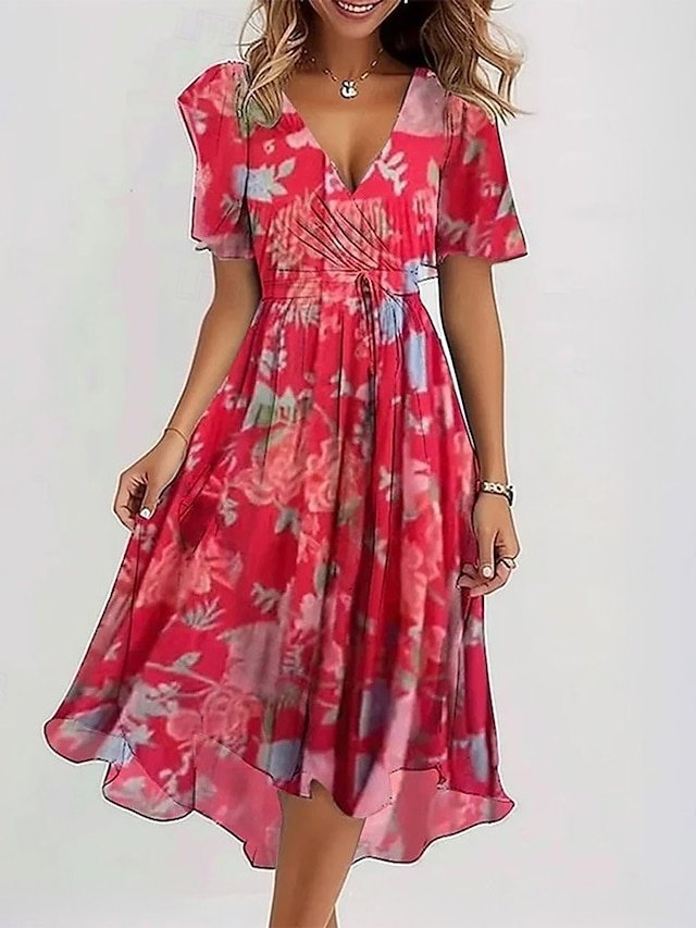 Classic Regular Fit Floral V Neck Short Sleeve Midi Dress - Image 2