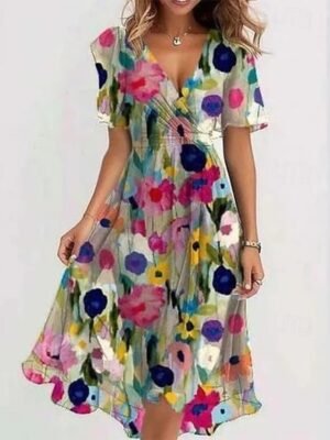 Classic Regular Fit Floral V Neck Short Sleeve Midi Dress - Image 5