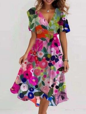 Classic Regular Fit Floral V Neck Short Sleeve Midi Dress - Image 7