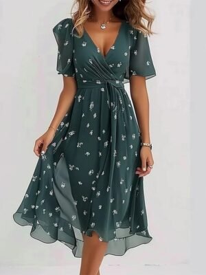 Classic Regular Fit Floral V Neck Short Sleeve Midi Dress - Image 9