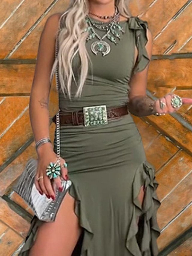 Classic Regular Fit Plain Crew Neck Sleeveless Midi Dress - Image 2