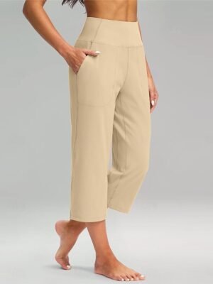 Classic Regular Fit Plain High Waist Calf-Length Wide Leg Chinos - Image 4