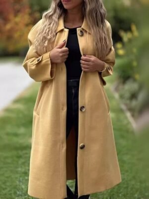 Classic Regular Fit Plain Turndown Long Sleeve Long Trench Coat - Image 2