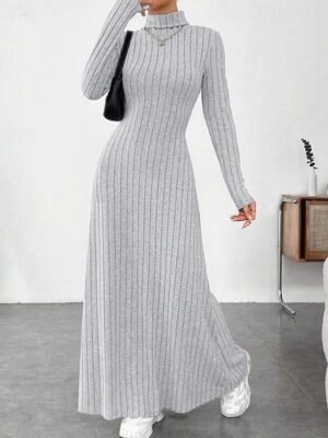 Classic Regular Fit Plain Turtleneck Long Sleeve Maxi Knit Dress - Image 1