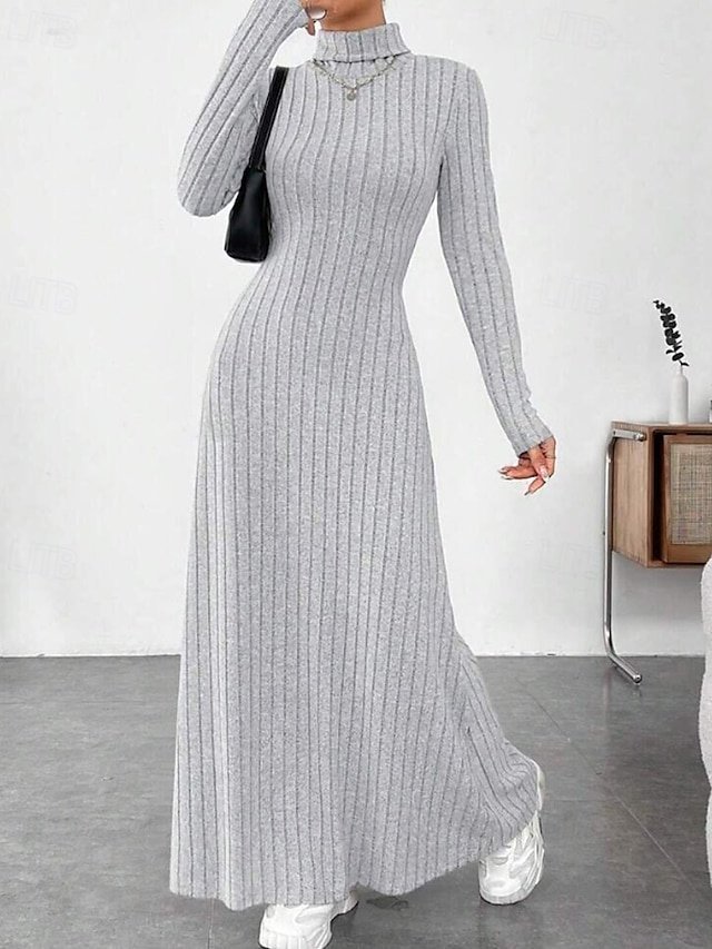Classic Regular Fit Plain Turtleneck Long Sleeve Maxi Knit Dress - Image 1