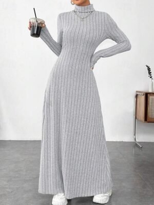Classic Regular Fit Plain Turtleneck Long Sleeve Maxi Knit Dress - Image 2