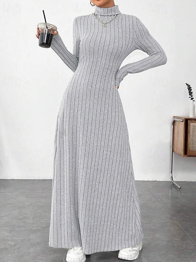 Classic Regular Fit Plain Turtleneck Long Sleeve Maxi Knit Dress - Image 2