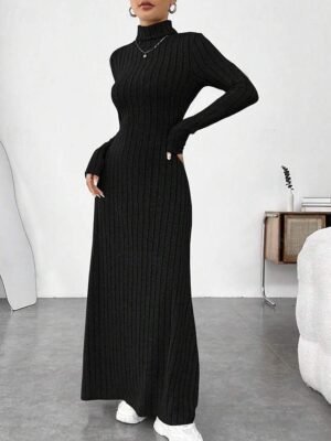Classic Regular Fit Plain Turtleneck Long Sleeve Maxi Knit Dress - Image 5