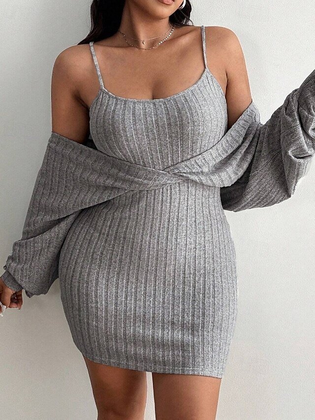 Classic Regular Fit Plain V Neck Long Sleeve Mini Dress - Image 1