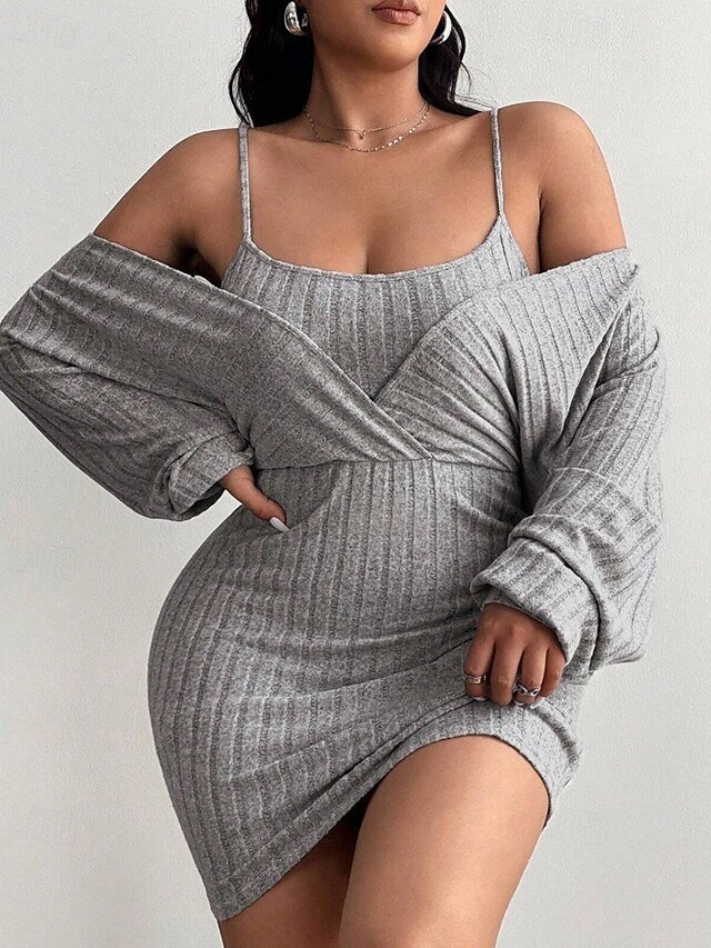 Classic Regular Fit Plain V Neck Long Sleeve Mini Dress - Image 2
