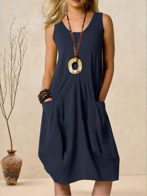 Classic Regular Fit Pure Colour U Neck Sleeveless Midi Dress - Image 1