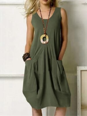 Classic Regular Fit Pure Colour U Neck Sleeveless Midi Dress - Image 4