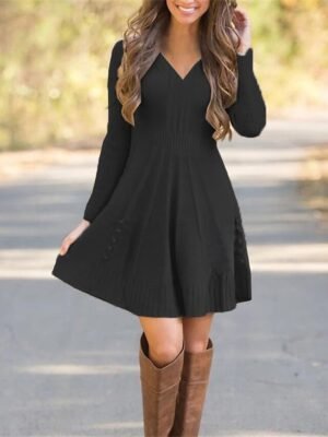 Classic Regular Fit Pure Colour V Neck Long Sleeve Mini Sweater Dress - Image 1
