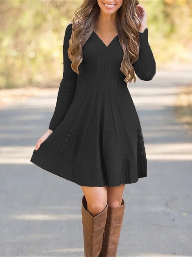 Classic Regular Fit Pure Colour V Neck Long Sleeve Mini Knit Dress - Image 1