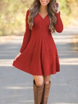 Classic Regular Fit Pure Colour V Neck Long Sleeve Mini Knit Dress - Image 2