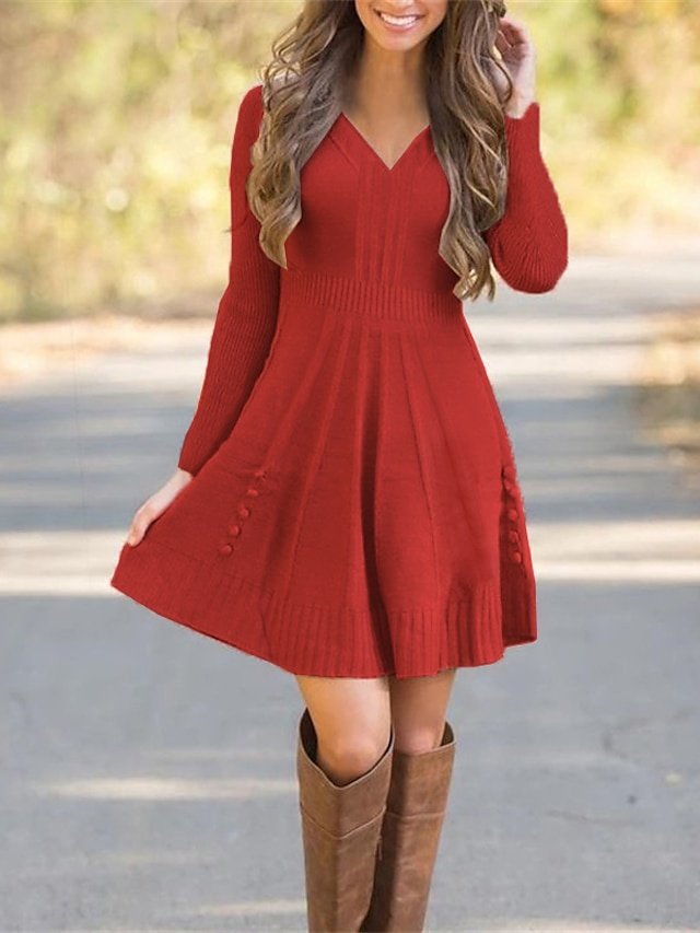 Classic Regular Fit Pure Colour V Neck Long Sleeve Mini Knit Dress - Image 2