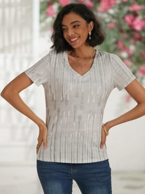 Classic Regular Striped V Neck Short Sleeve Top - Image 3