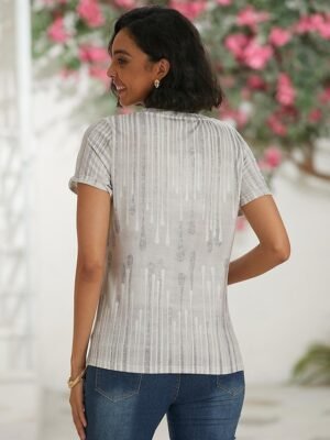 Classic Regular Striped V Neck Short Sleeve Top - Image 7