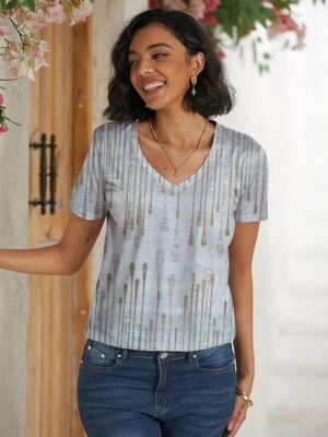 Classic Regular Striped V Neck Short Sleeve Top - Image 9