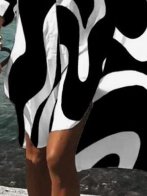 Classic Shift Colour Block Shirt Collar Long Sleeve Midi Dress - Image 3