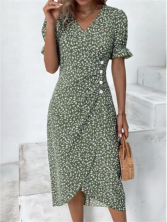 Classic Wrap Ditsy Floral V Neck Short Sleeve Midi Dress - Image 1