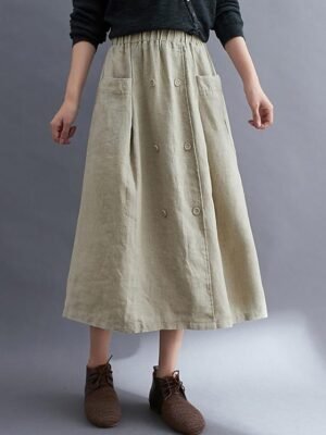 Coastal Grandma Style A-Line Solid Pocket Split Long Midi Skirt - Image 2