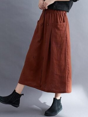 Coastal Grandma Style A-Line Solid Pocket Split Long Midi Skirt - Image 3