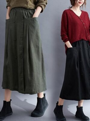 Coastal Grandma Style A-Line Solid Pocket Split Long Midi Skirt - Image 5