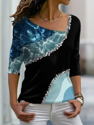 Colour Block Loose Fruit V Neck Long Sleeve Regular Top - Image 1