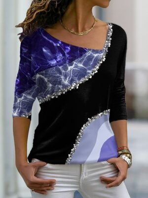 Colour Block Loose Fruit V Neck Long Sleeve Regular Top - Image 2