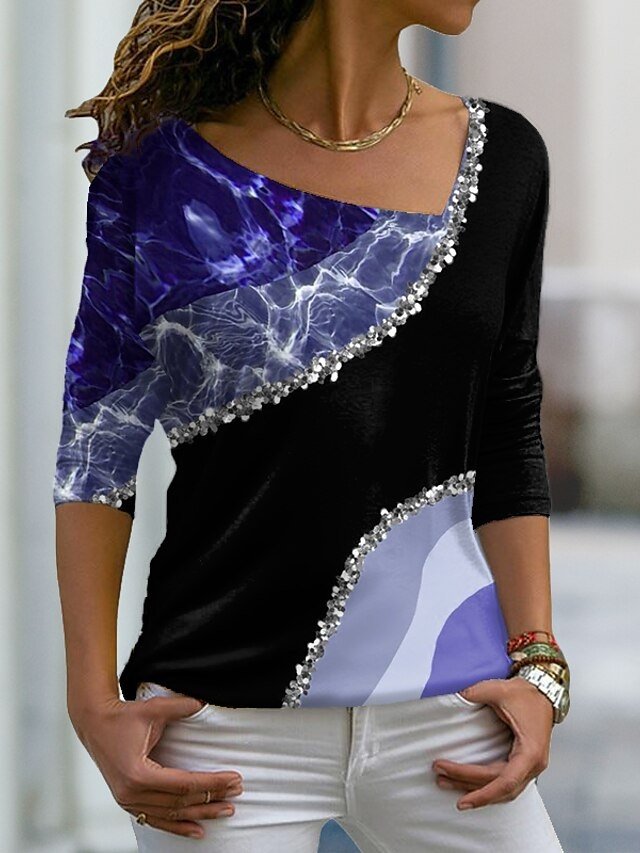 Colour Block Loose Fruit V Neck Long Sleeve Regular Top - Image 2