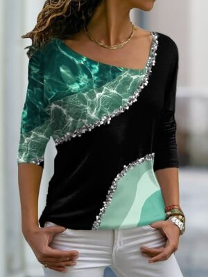 Colour Block Loose Fruit V Neck Long Sleeve Regular Top - Image 3