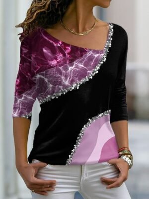 Colour Block Loose Fruit V Neck Long Sleeve Regular Top - Image 4
