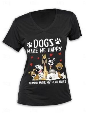Cute Casual Regular Dog Letter V Neck Short Sleeve Black T Shirt - Image 1