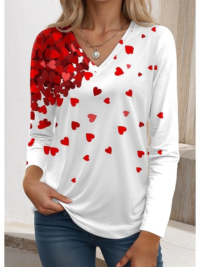 Cute Loose Heart V Neck Long Sleeve Tee - Image 1
