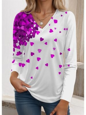 Cute Loose Heart V Neck Long Sleeve Tee - Image 2