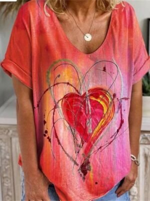 Cute Red Heart Print V Neck Short Sleeve T Shirt - Image 1