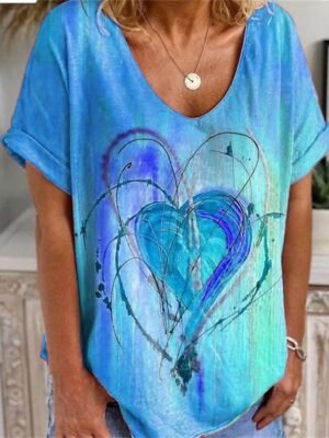Cute Red Heart Print V Neck Short Sleeve T Shirt - Image 2