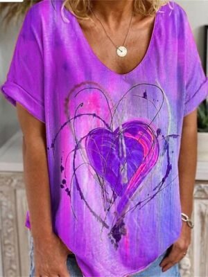Cute Red Heart Print V Neck Short Sleeve T Shirt - Image 3