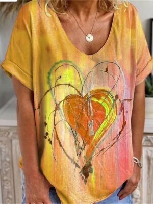 Cute Red Heart Print V Neck Short Sleeve T Shirt - Image 4