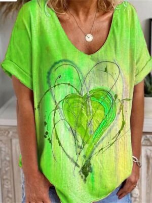 Cute Red Heart Print V Neck Short Sleeve T Shirt - Image 5