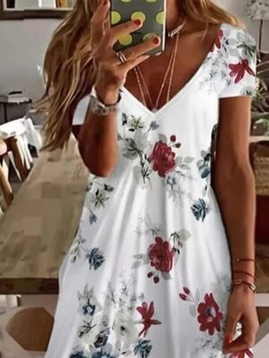 Cute Regular Fit Floral V Neck Short Sleeve Mini Dress - Image 2