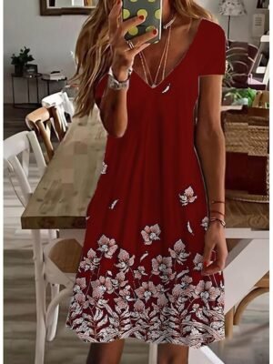 Cute Regular Fit Floral V Neck Short Sleeve Mini Dress - Image 4
