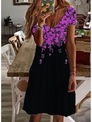 Cute Regular Fit Floral V Neck Short Sleeve Mini Dress - Image 6