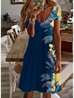 Cute Regular Fit Floral V Neck Short Sleeve Mini Dress - Image 7