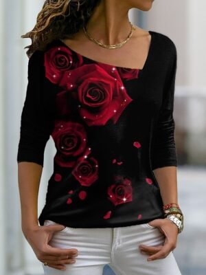 Cute Regular Floral V Neck Long Sleeve Regular T-Shirt - Image 1